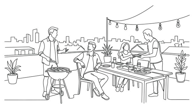 Group of friends having a rooftop barbecue party illustration.