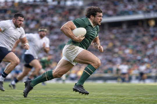 Rugby player running with ball during match