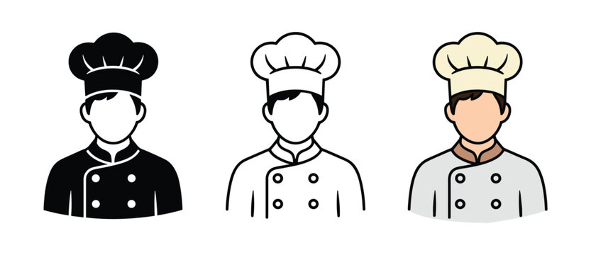 Chef Icons Collection: A set of three distinct chef icons, each showcasing the iconic toque blanche and chef's jacket in varying styles, representing culinary artistry and professional kitchen staff.