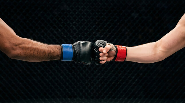 Two Mixed Martial Arts Fighters Touching Gloves Respectfully Before Starting Their MMA Cage Fight