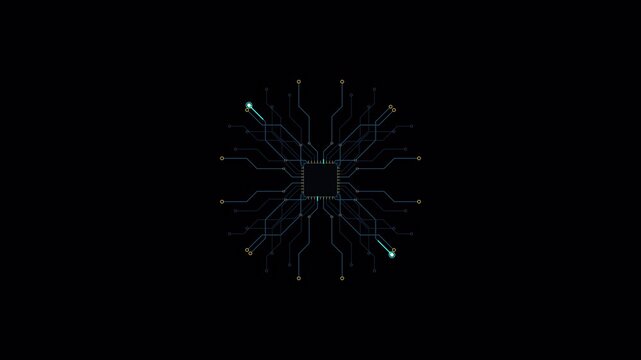 Futuristic electronic circuit board data processing hub with glowing nodes and connectivity lines for digital technology background 4K animation alpha chanel