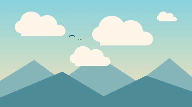 Minimalist Animated Mountain Landscape with Floating Clouds and Birds