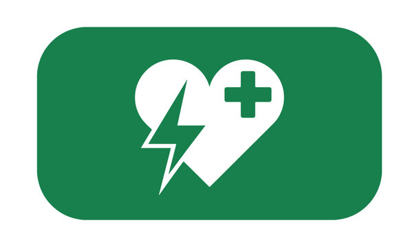 AED Symbol: A white symbol representing an automated external defibrillator on a green rounded rectangle background. It features a heart icon with a lightning bolt and a plus sign.