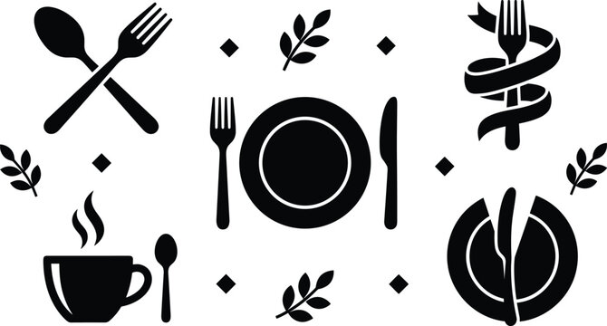 Restaurant dining and culinary icon set featuring cutlery fork spoon knife plate ribbon and coffee cup
