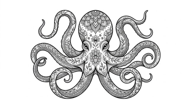 Detailed Black And White Octopus Illustration.
