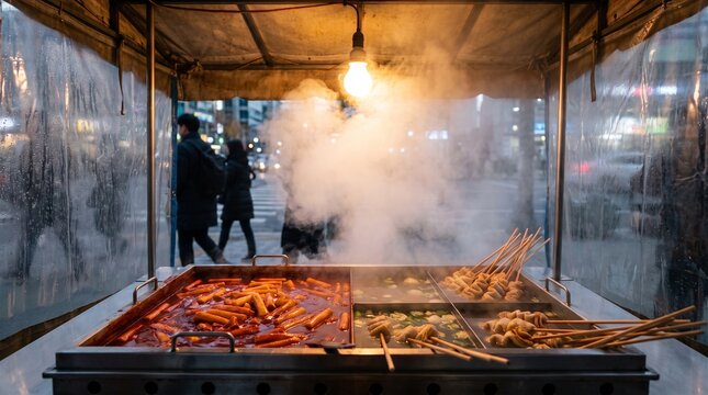 Bubbling spicy tteokbokki and steaming fish cake skewers at night pojangmacha tent stall for Korean food blog