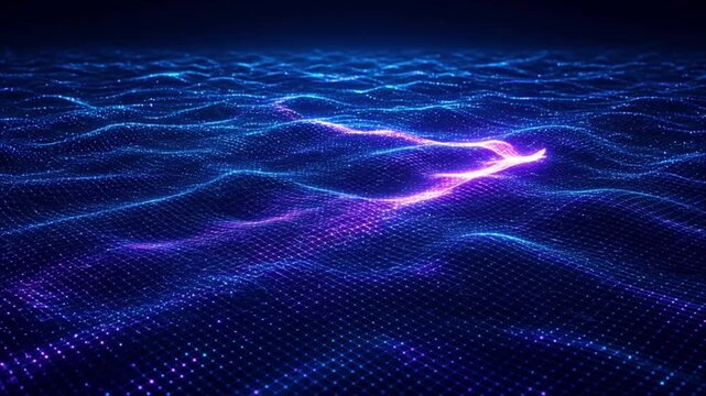 Cinematic futuristic technology background featuring glowing purple blue digital wave across dark grid surface, immersive abstract energy landscape, data network, modern innovation design applications