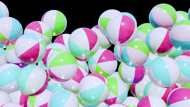 Colorful inflatable beach balls falling in slow motion, vibrant summer toy background, playful 3D rendered plastic spheres isolated on Transparent Background