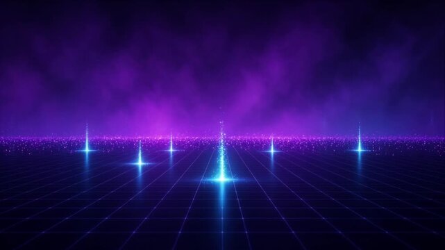 Cinematic futuristic technology background with glowing purple mist, blue light particles, luminous grid horizon, radiant digital landscape, immersive sci fi atmosphere for innovation design