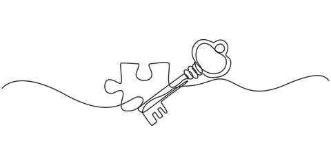 Obraz premium Continuous one line drawing of puzzle, key, solution, business concept, line art, vector, one line drawing of key into puzzle piece, Teamwork and partnership solving complicated tasks. line drawing 