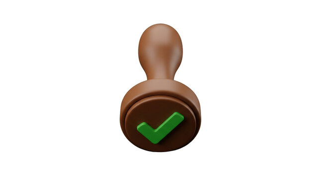 3D Rendered Wooden Stamp with Green Check Mark Symbol.