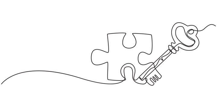 Continuous one line drawing of puzzle, key, solution, business concept, line art, vector, one line drawing of key into puzzle piece, Teamwork and partnership solving complicated tasks.  line drawing 