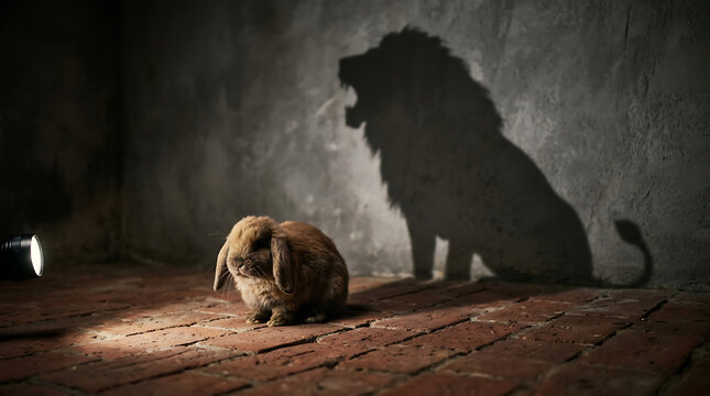 Small adorable fluffy bunny casting a large and powerful roaring lion shadow on wall