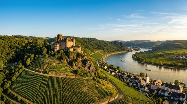 Scenic Drone View of a Medieval Castle Overlooking a Winding River and Vineyards at Sunset.