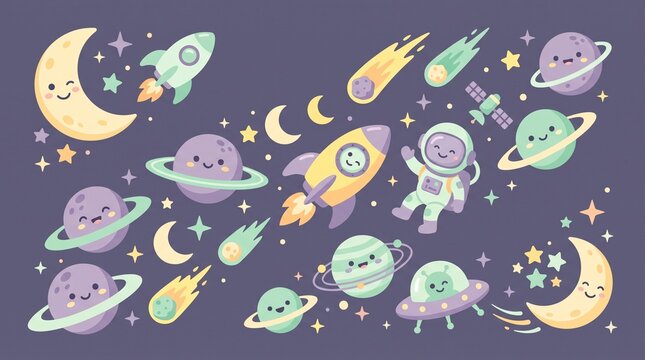 Kawaii space illustration set, cute cartoon astronaut and planets with faces, pastel galaxy elements on purple background, nursery wall art graphics