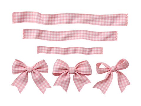 set of pink and white checkered gingham washi tape pieces, wrinkled and applied, isolated on a transparent background, for creative crafting and design