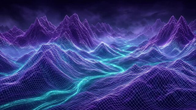 Cinematic futuristic technology background, glowing digital landscape with purple mountain terrain, luminous turquoise energy river, wireframe network, atmospheric depth, dramatic innovation concept