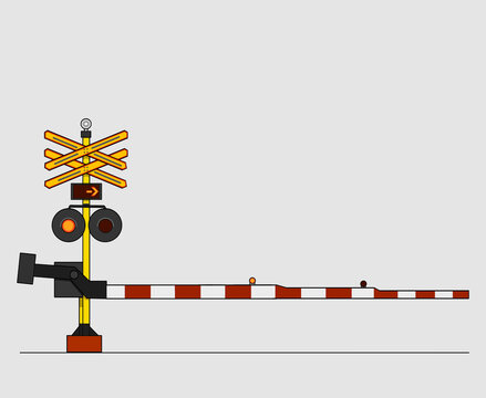 An Illustration of a double track railroad crossing signal and barrier gate, featuring a crossbuck sign, warning lights, and directional arrow