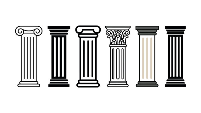 Set of six classic architectural columns with various decorative designs and capitals
