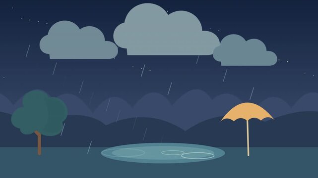 Animated Flat Vector Rainy Landscape with Clouds Umbrella and Puddle