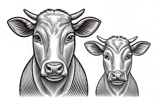 Cow beef set hand draw vintage engraving style black and white clip art isolated on white background