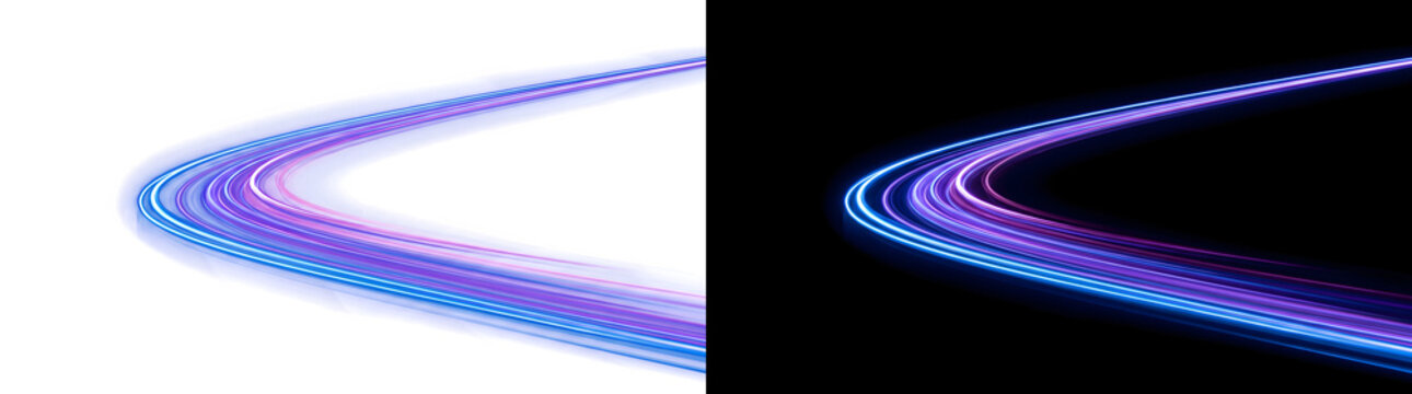 Light trails of glowing blue purple and pink streaks curve into a sharp bend on dark backdrop for tech design with PNG, Transparent and Black Background Versions