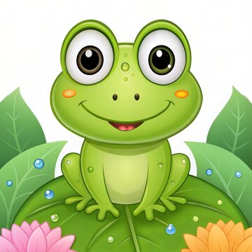 funny Green frog cartoon sitting on a leaf