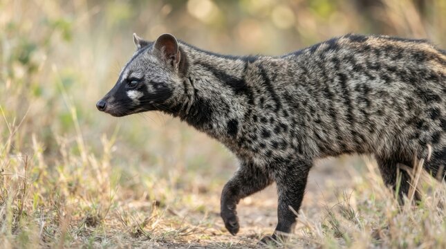 African Civet Cat in Natural Habitat: A beautiful African civet cat with its characteristic spotted coat and masked face walks through dry grass, showcasing its unique wildlife features.