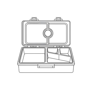 Compartmentalized bento lunch box pure 2 color line art vector illustration isolated on white background