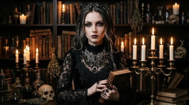 Mysterious Sorceress with Ancient Tome: A young woman with striking makeup and dark, elegant attire stands in a dimly lit room filled with old books, arcane artifacts, and flickering candlelight.