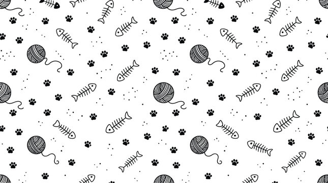 Doodle cat elements seamless pattern featuring yarn balls fish bones and tiny paw prints vector repeating background