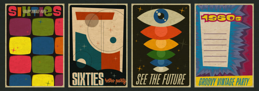 1950s - 1960s Abstract Background Set, Atomic Age Colors and Style, Space Age Poster Templates, Aged Texture Pattern