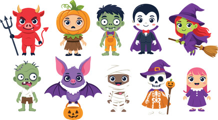Fototapeta premium Cute Halloween Kid Costume Vector Set with Little Devil, Jack O Lantern Pumpkin, Zombies, Vampire, Witch, Purple Bat, Mummy, and Skeleton Characters for Children Holiday Invitations