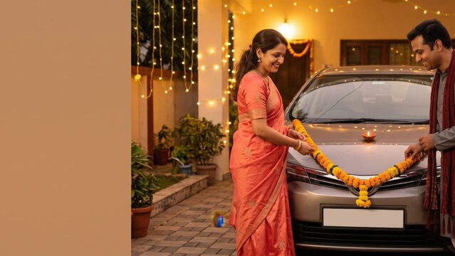 Indian Couple with New Car &ndash; Dhanteras Vehicle Purchase Celebration.