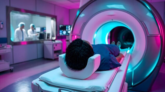 Patient lying on a modern MRI scanner bed entering the diagnostic machine with doctors monitoring from the control room for advanced medical diagnostics concept.