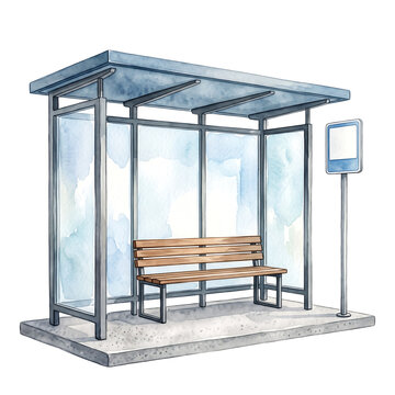 Watercolor painting of an empty bus stop shelter with a wooden bench and metal frame isolated on white background