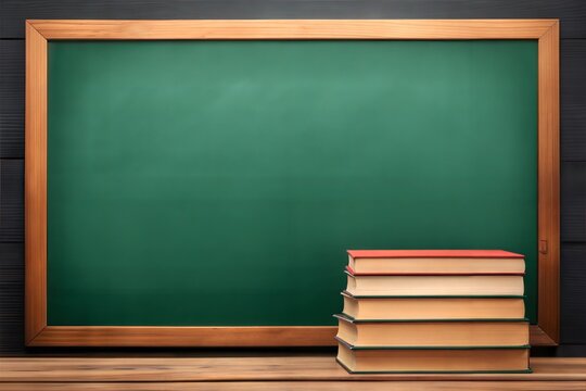 Books lie on the background of the chalk board. The concept of study or the day of the teacher. Copy space.