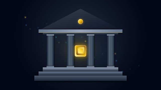 Classic temple structure with glowing golden symbol at night