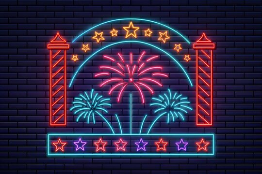 Firework neon sign. Petard, crackers, national holiday. Vector illustration in neon style for festive independence day banners, light billboards, 4th of July