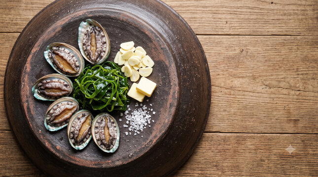Top down view of fresh Wando abalone and sea mustard on Korean Onggi lid