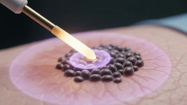 Medical probe heating abnormal cell cluster on skin, microscopic view of dermatology treatment