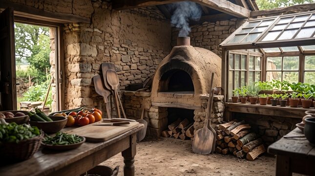 Cette image, g&eacute;n&eacute;r&eacute;e par intelligence artificielle, repr&eacute;sente une cuisine ext&eacute;rieure rustique en pierre avec un four &agrave; pain traditionnel en argile d'o&ugrave; s'&eacute;chappe un filet de fum&eacute;e, entour&eacute; de pelles 