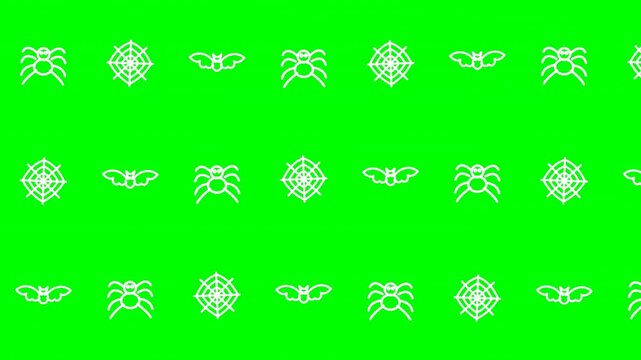 halloween pattern icon with white outline spider bat and web elements on bright green screen background