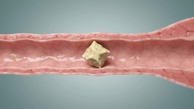 Kidney stone traveling through ureter, medical animation showing painful blockage and obstruction