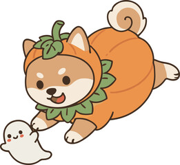 Obraz premium Cute Shiba Inu Dog in Pumpkin Costume Playing with Ghost Halloween Illustration