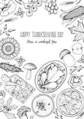 Obraz premium Thanksgiving food banner design. Thanksgiving illustration. Food hand drawn sketch. Festive dinner with turkey. Autumn food sketch. Engraved image. Vector thanksgiving background. Not AI generated