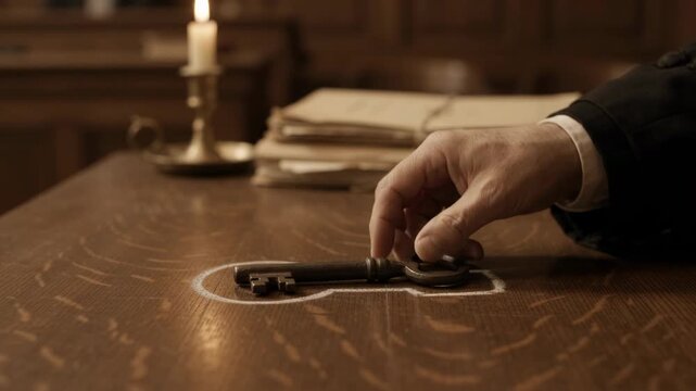 Old key placed on table with chalk outline, representing access and solutions