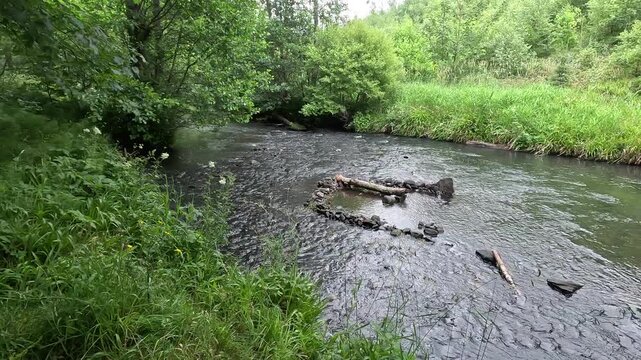 River North Esk flowing through woodland near Edinburgh, Midlothian, Scotland. Ambient water sound. 4K, 30fps