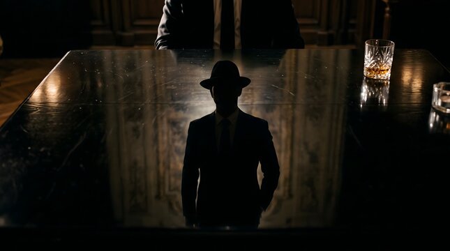 Mysterious gangster silhouette reflected on dark polished table