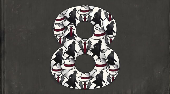 Gangster pattern inside number eight on textured dark background